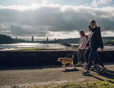Three people walking a dog along a riverside path, with a massive bridge in the background.