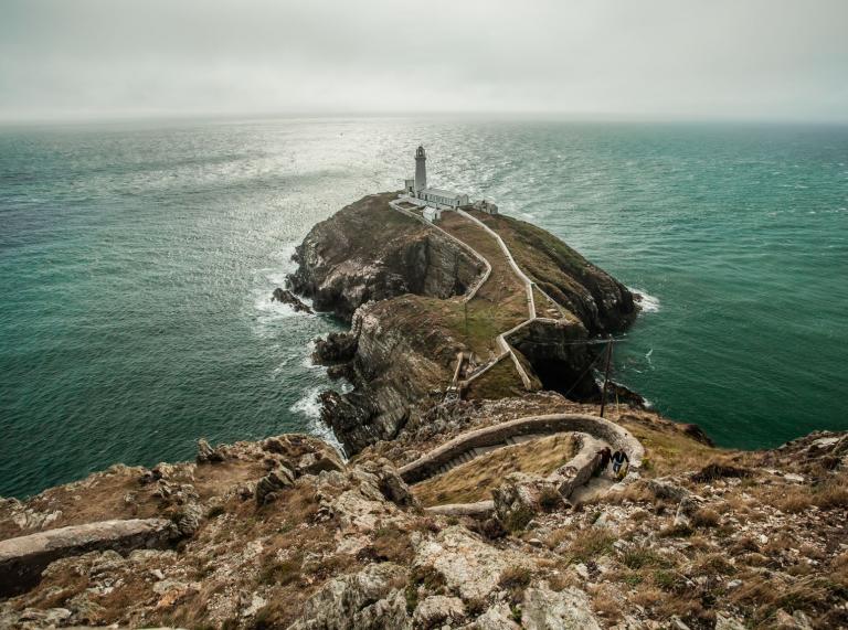 Aerial shot of South Stack lighthouse, Anglesey.