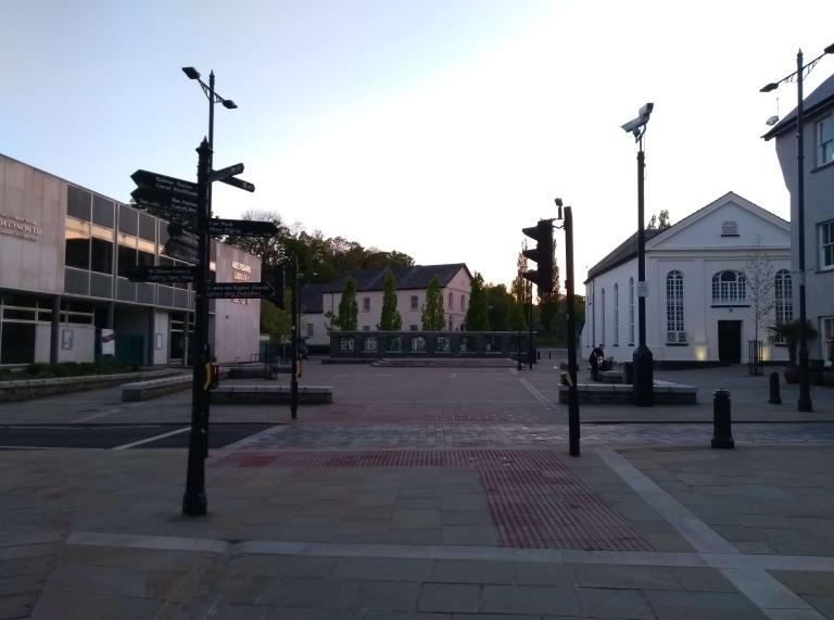 A view of Aberdare Library Square at dusk.