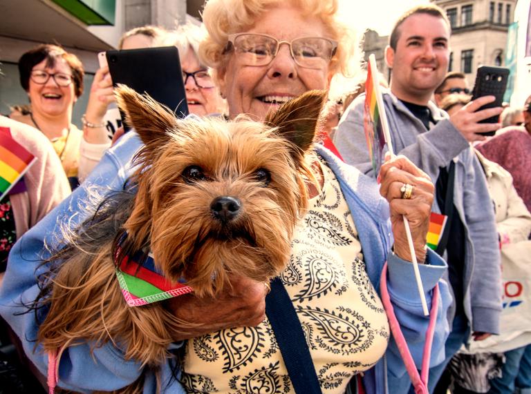 Jemand bei Pride Cymru hält einen kleinen Hund.