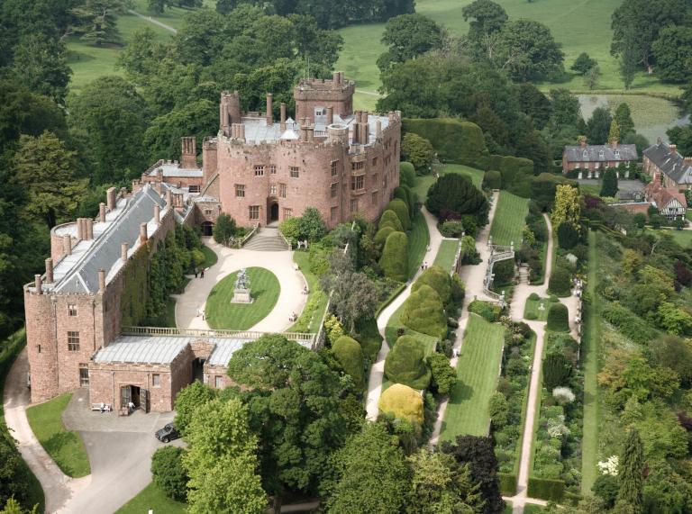 Aerial view of Powis Castle and the terraced gardens.