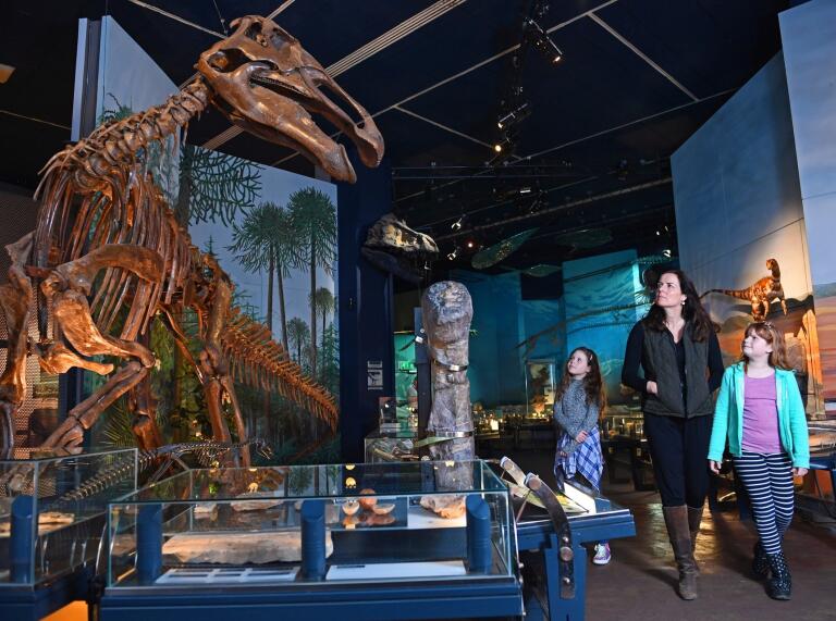 Family enjoying dinosaur exhibition at National Museum Cardiff