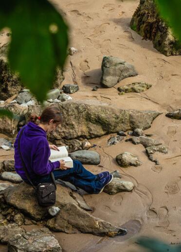 Eine Frau saß auf einem Felsen am Strand und las ein Buch.