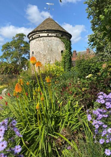 Orangefarbene und lila Blumen vor einem steinernen runden Turm.