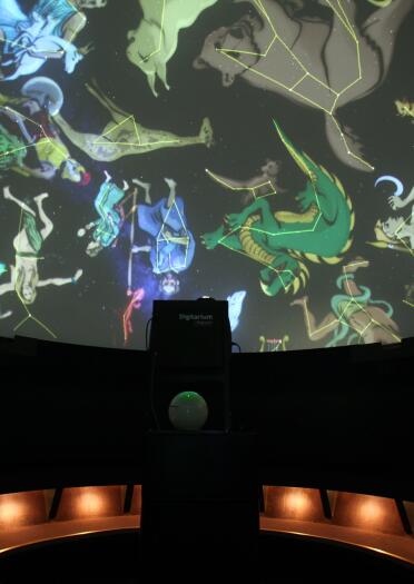 A ceiling planetarium display showing the horoscope star signs as images.