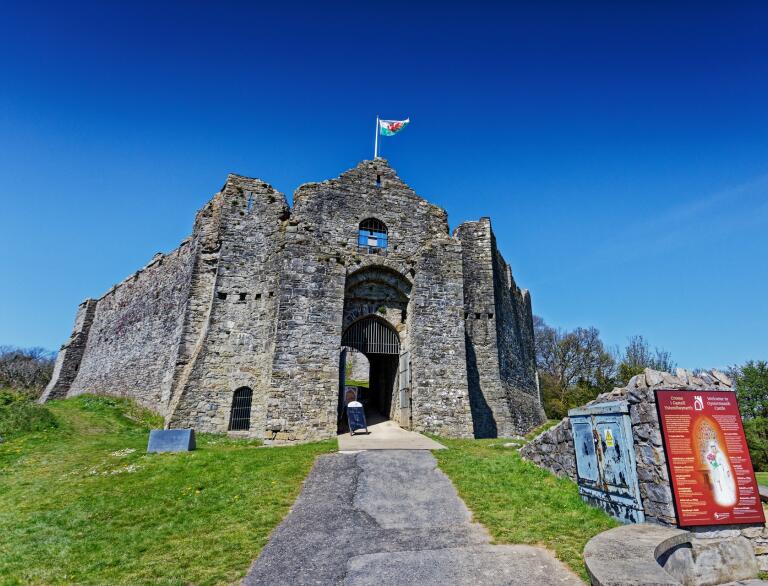 The front entrance to a small castle.