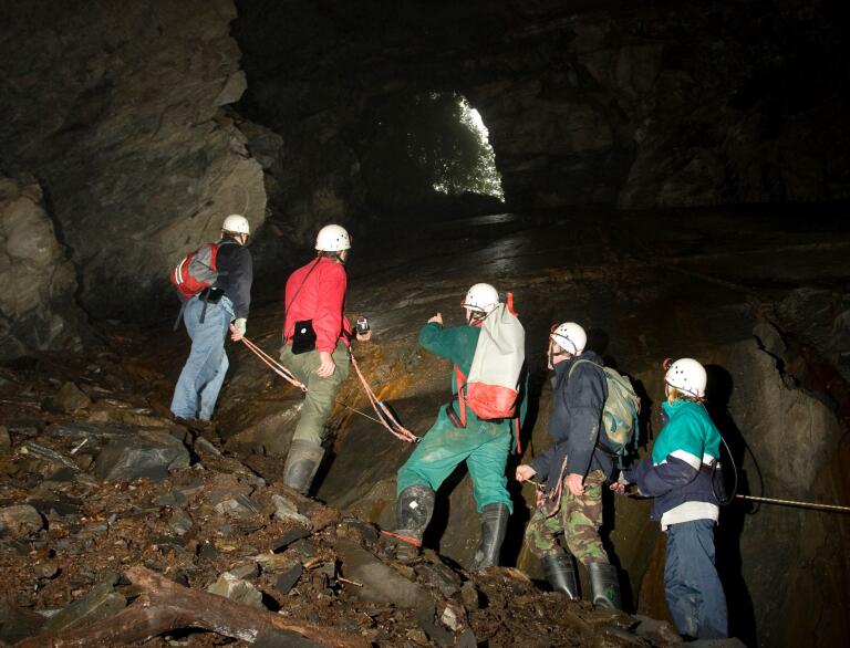Personen mit Helmen die an einem Seil gesichert stehen und in einer Höhle hinauf zu einem Lichtschacht schauen.