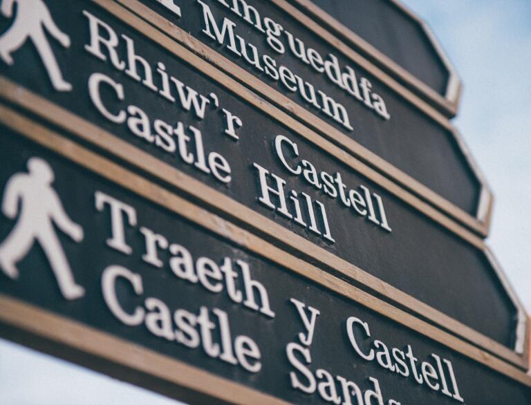 Tenby signposts for the museum, Castle Hill and Castle Sands.