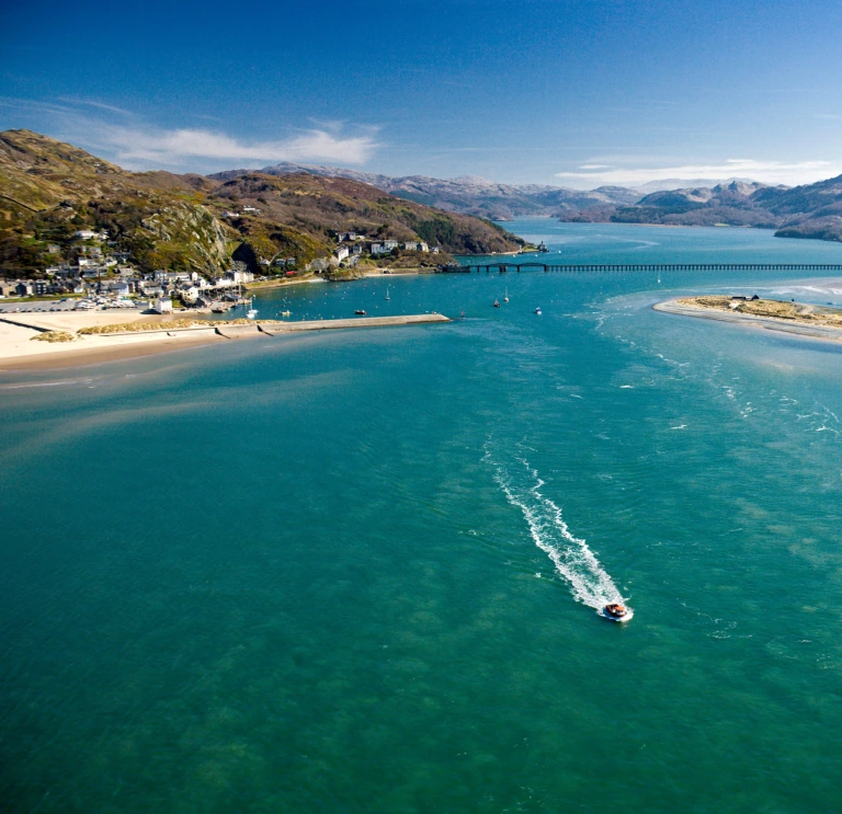 Aerial view of Barmouth Mawddach Estuary Snowdonia.