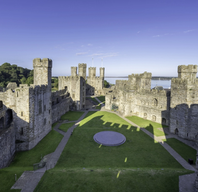 A grassy area within a large castle.