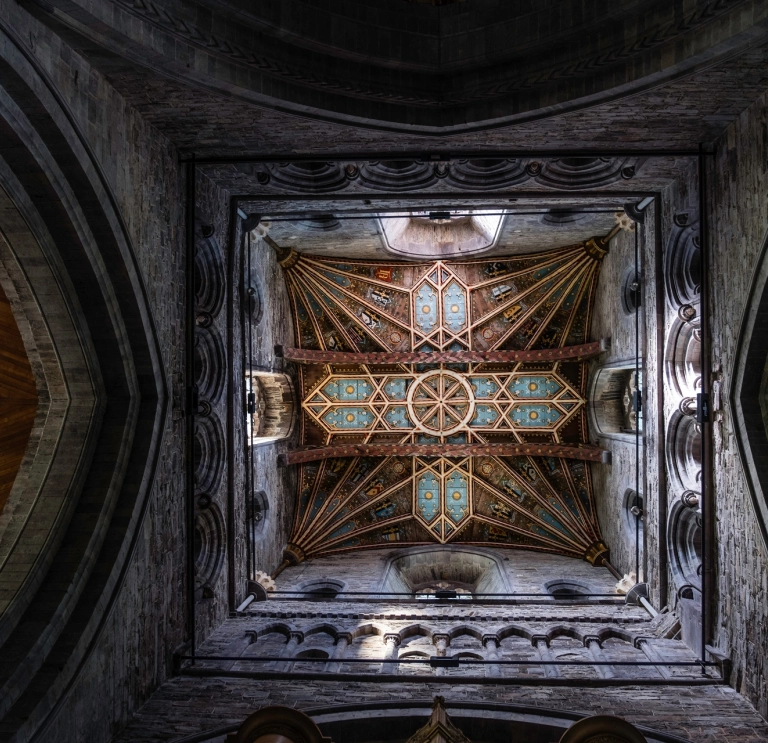 Image of a part of the St Davids Cathedral ceiling with ornate detail.