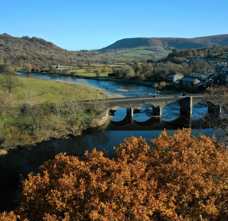 view of bridge and river, with autumn colours.