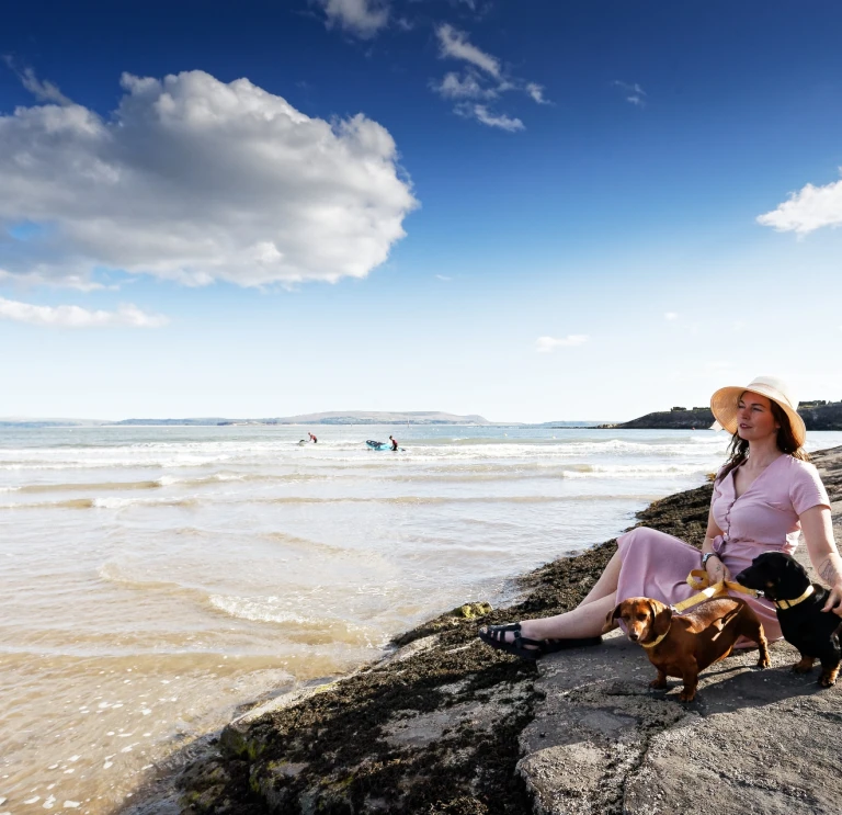 A woman with two small dogs sitting on rocks on the beach.