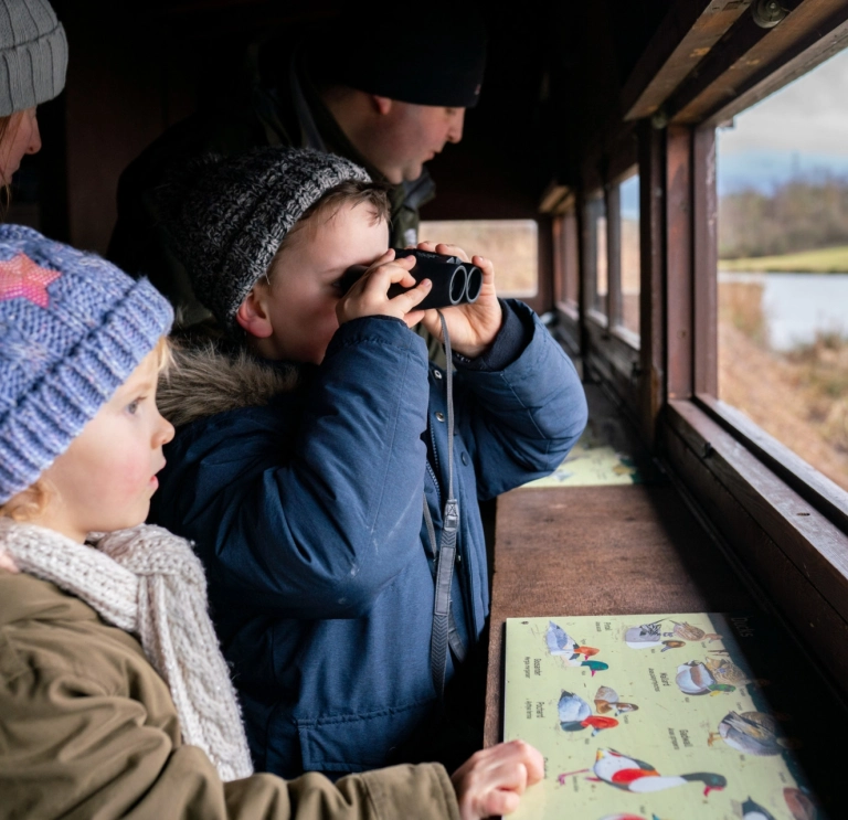 family bird watching in hide