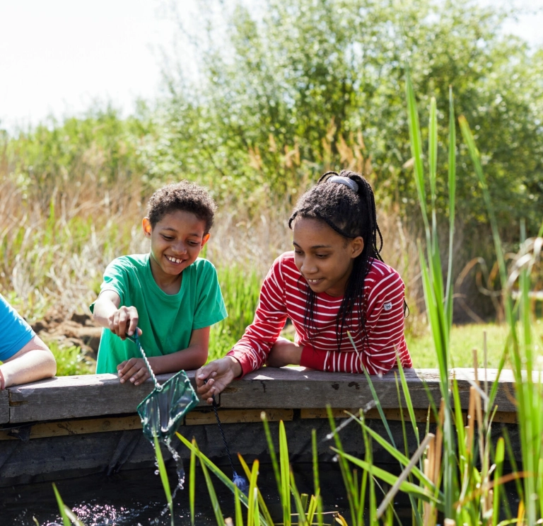 three children pond dipping.