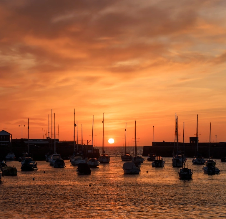 Sunset over a harbour with silhouettes of sailing boat masts.