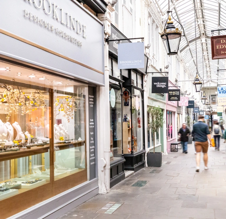 shopping arcade and people walking.