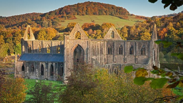 Exterior view of abbey ruins in autumn.