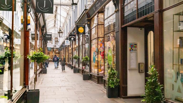 shopping arcade and people walking.