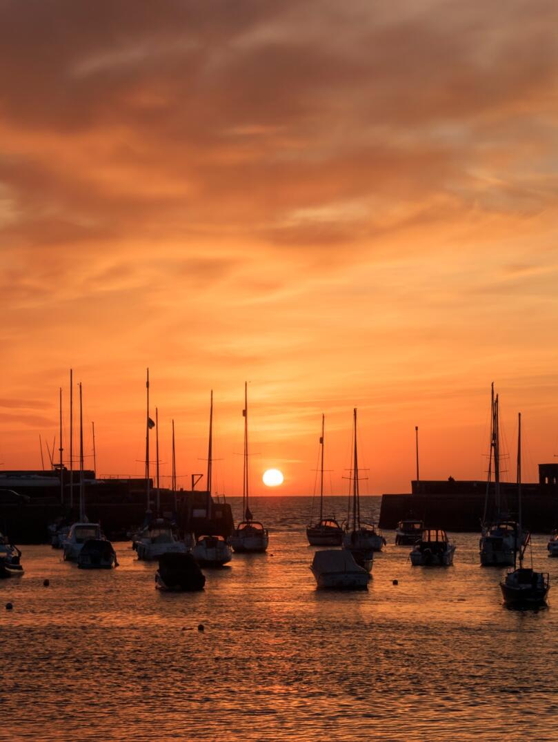 Sunset over a harbour with silhouettes of sailing boat masts.