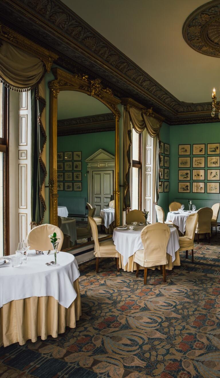 An ornate dining room in a Victorian mansion. Pale green walls, round tables with plates and silverware, windows looking out over a green lawn. 